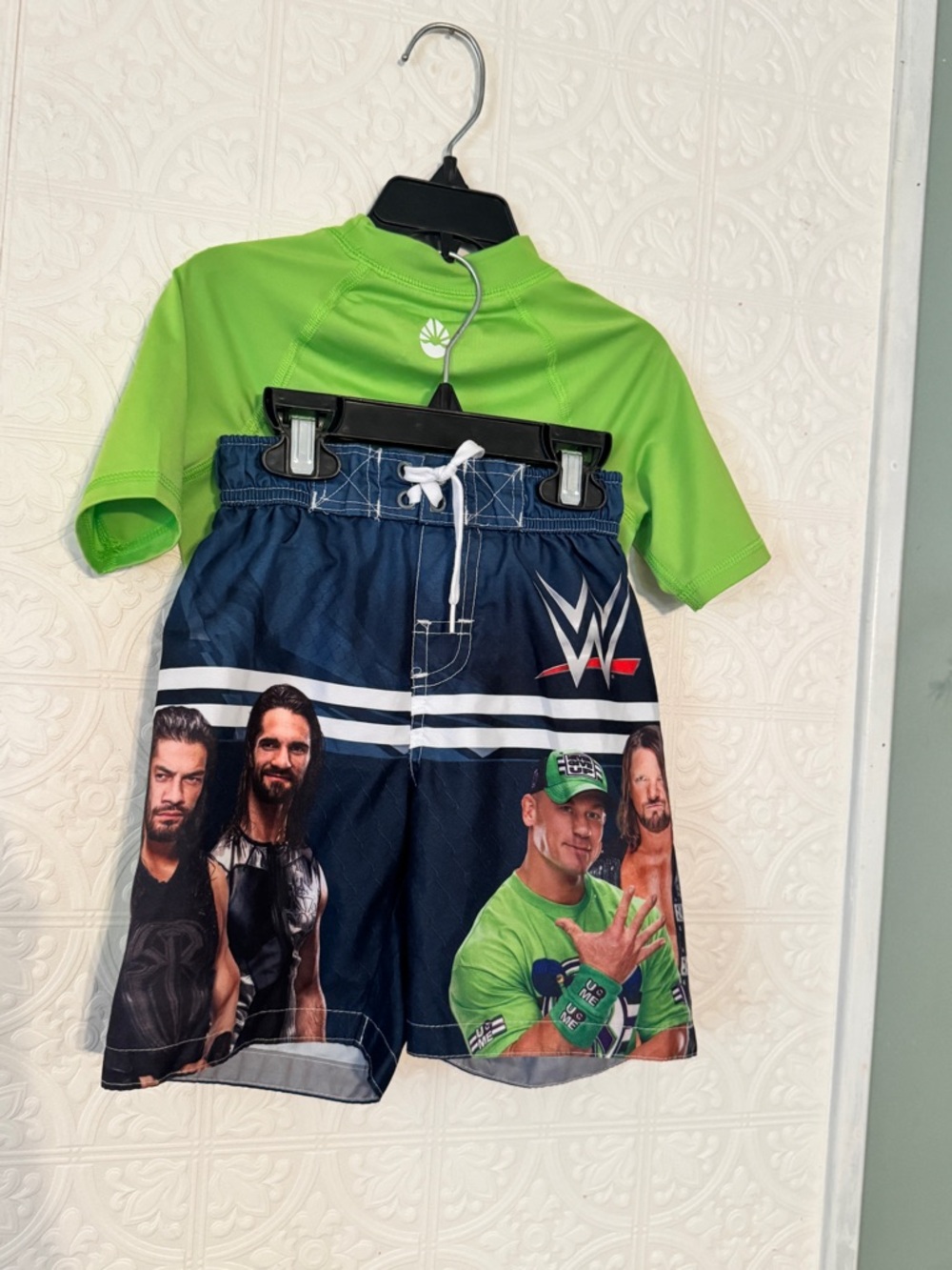 WWE Boys Navy & Lime Green Wrestler Graphic Swim Shorts